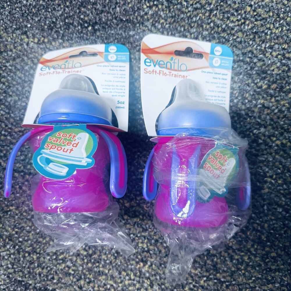 Lot of 2 Evenflo SoftFlo Trainer Cups 6M+ 5oz 150ml 3-Handle pink purple New